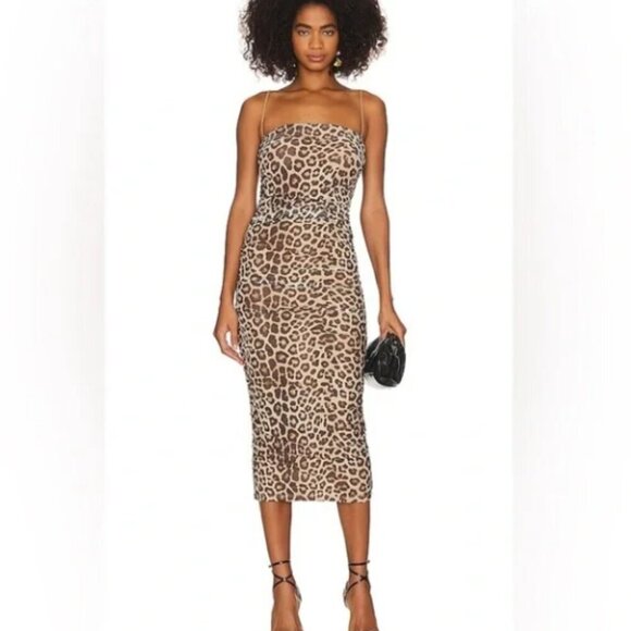 Good American Dresses & Skirts - GOOD AMERICAN Tan & Black Leopard Sleeveless Ruched Mesh Midi Dress Sz L NWT